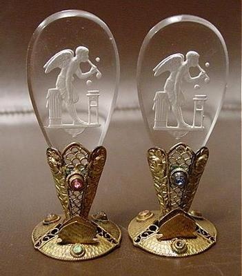 2 Art Deco Czech Filigree Brass Intaglio Glass Place Card Holders w Jewels 